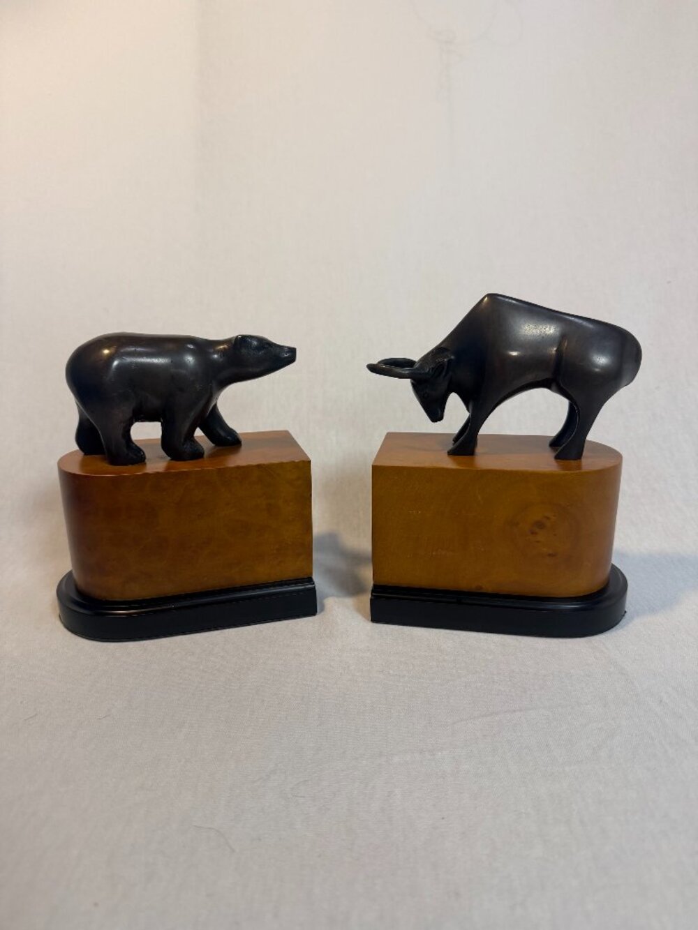 Bey-Berk Bull Bear Bookends Bronzed Metal Wood Wall Street Office Decor